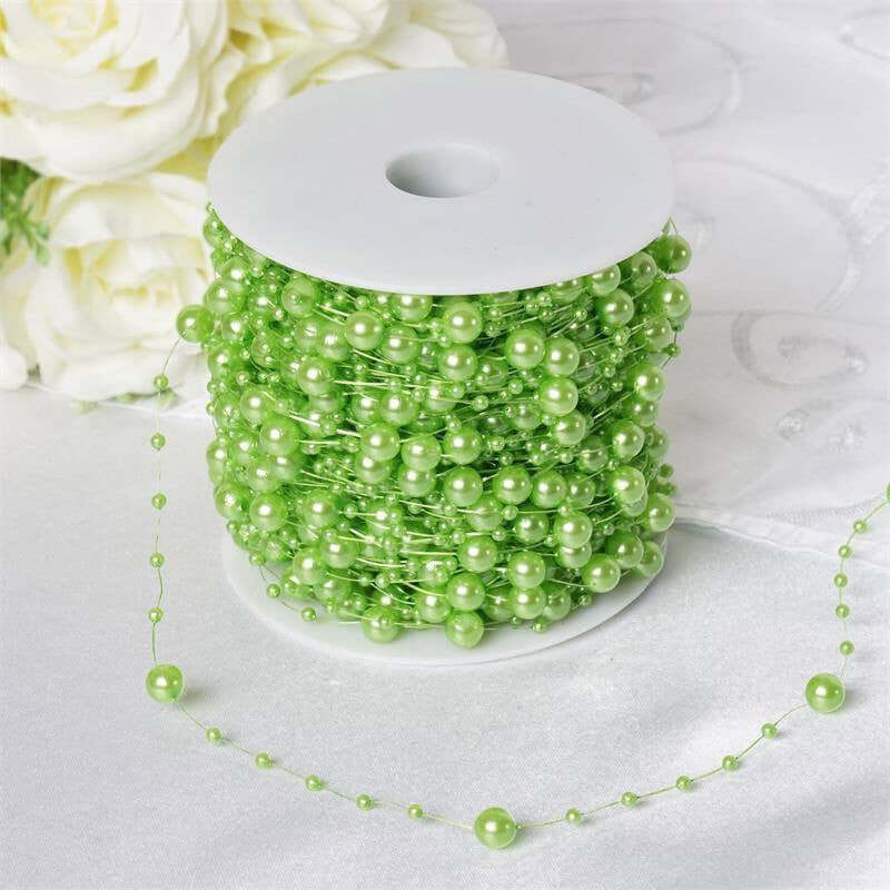 20.5 Yards 9mm 3mm Glossy Tea Green Faux Craft Pearl String Beads - Linen Luxes