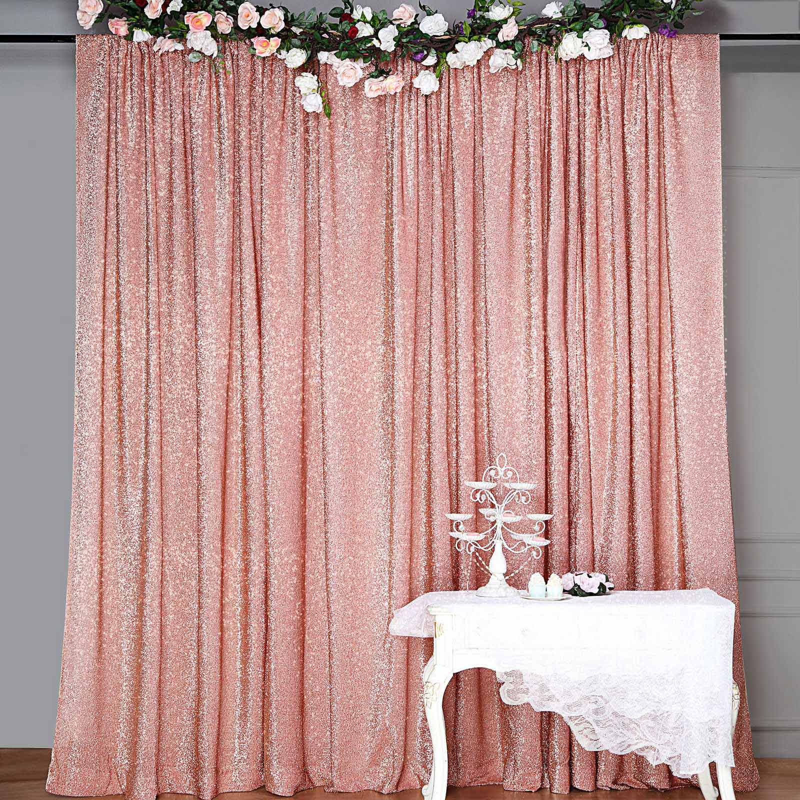 20ftx10ft Rose Gold Metallic Shimmer Tinsel Event Curtain Drapes, Backdrop Event Panel - Linen Luxes