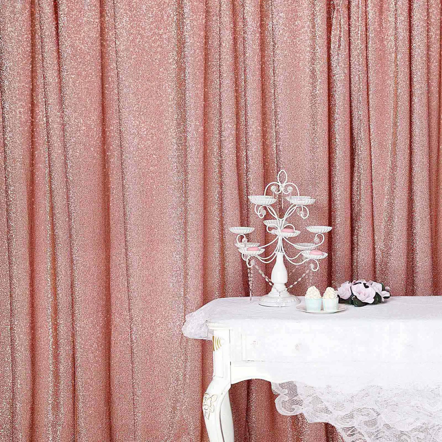 20ftx10ft Rose Gold Metallic Shimmer Tinsel Event Curtain Drapes, Backdrop Event Panel - Linen Luxes