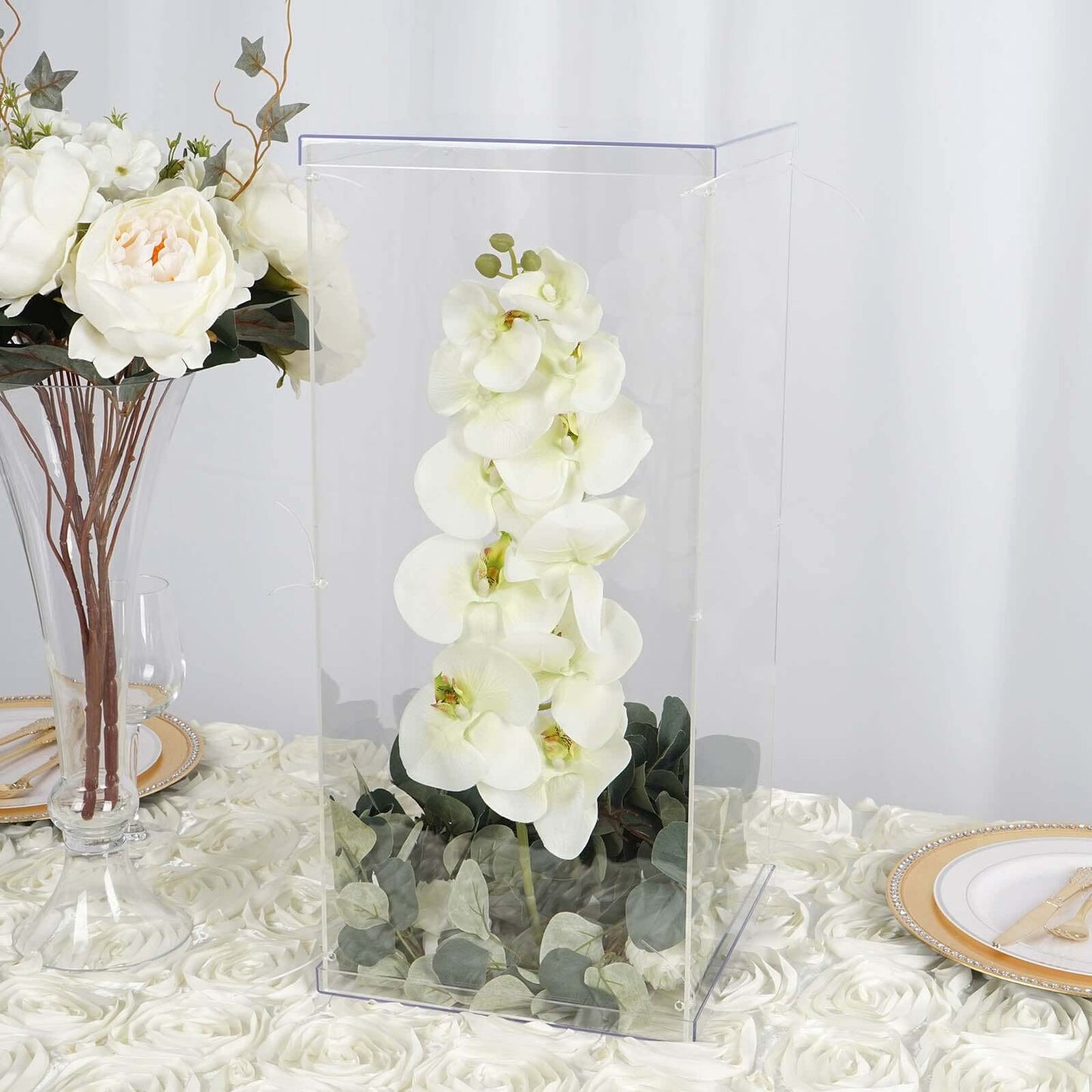 24" Clear Acrylic Display Box, Transparent Pedestal Riser with Interchangeable Lid and Base - Linen Luxes