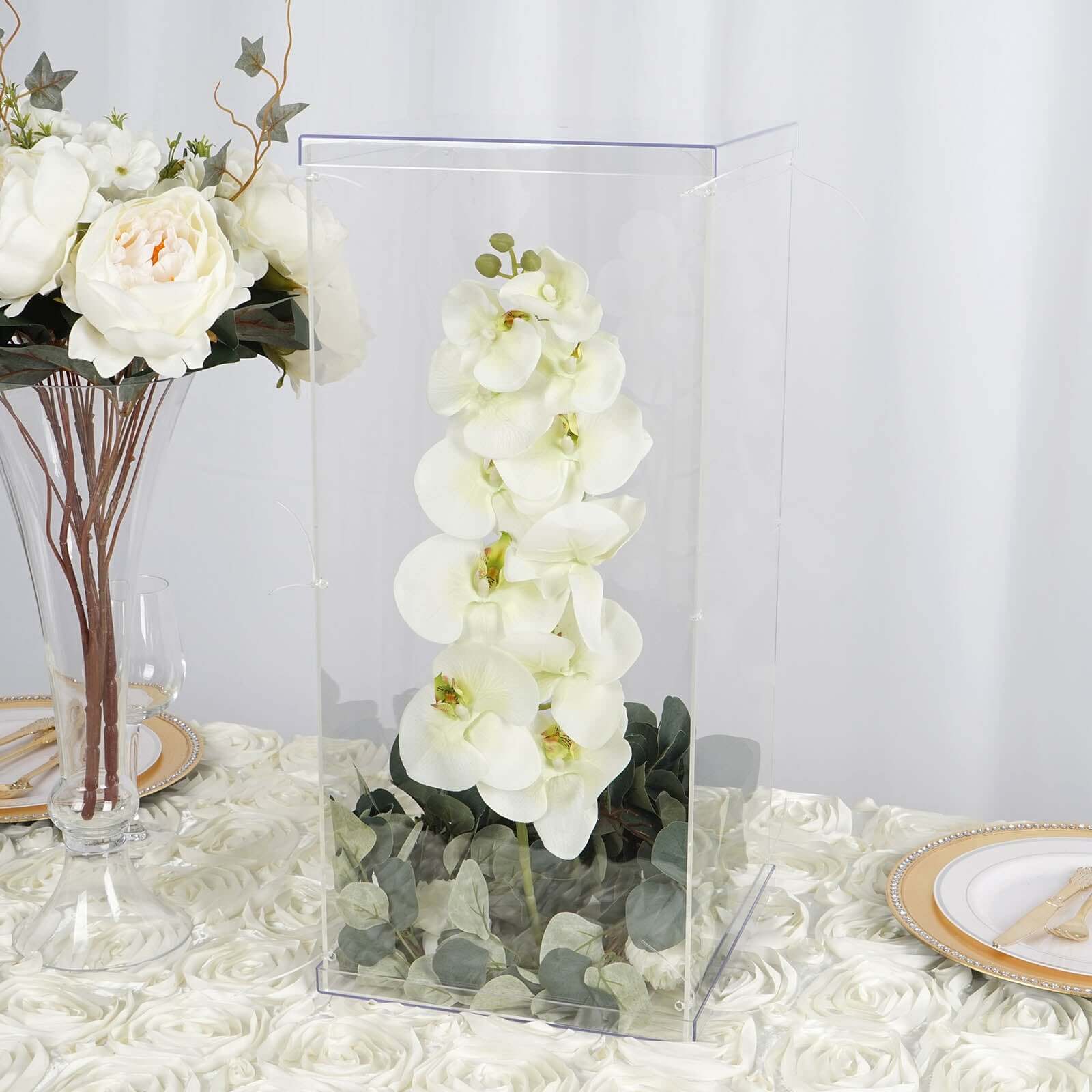 24" Clear Acrylic Display Box, Transparent Pedestal Riser with Interchangeable Lid and Base - Linen Luxes