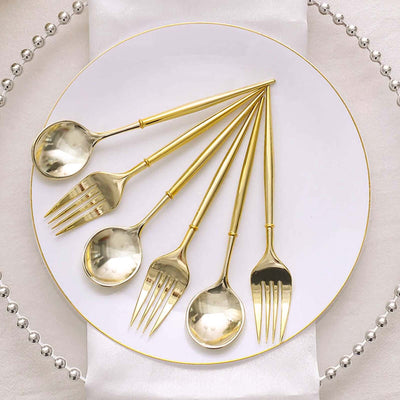 24-Pack Plastic Fork and Spoon Set Metallic Gold - Heavy Duty Disposable Modern Utensils 6"