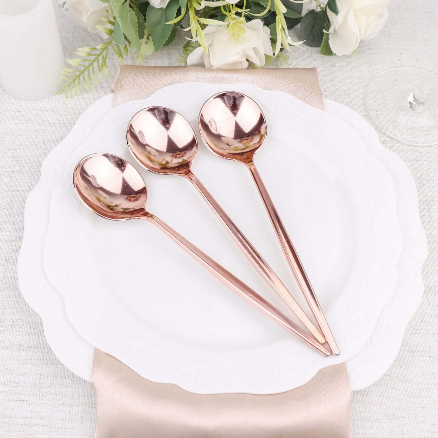 24-Pack Plastic Spoons Glossy Rose Gold - Premium Heavy Duty Disposable Silverware 8"
