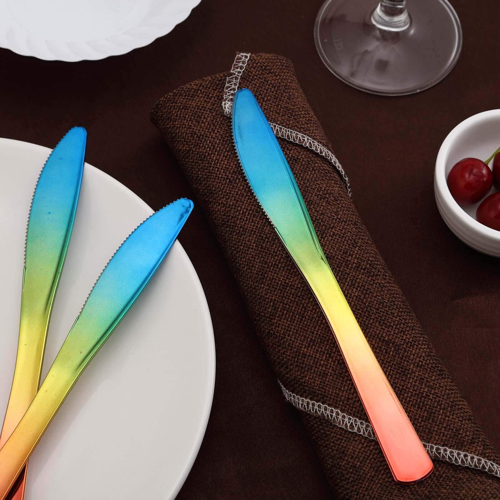 24 Pack - 8" Rainbow Ombre Design Heavy Duty Plastic Knives - Linen Luxes