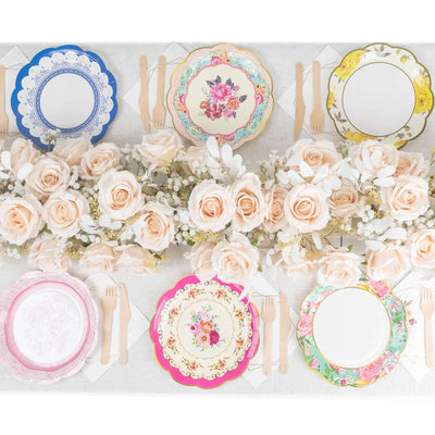 24-Pack Paper 9" Round Dinner Plates in Mixed Floral Print with Scalloped Edge - Disposable Party Plates for Baby Showers & Vintage Themes
