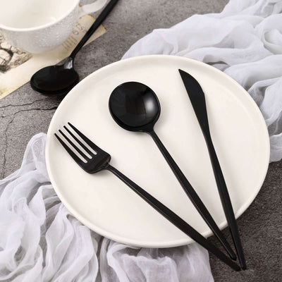 24-Pack Plastic Flatware Set with Sleek Modern Design Black - Premium Disposable Silverware 8"