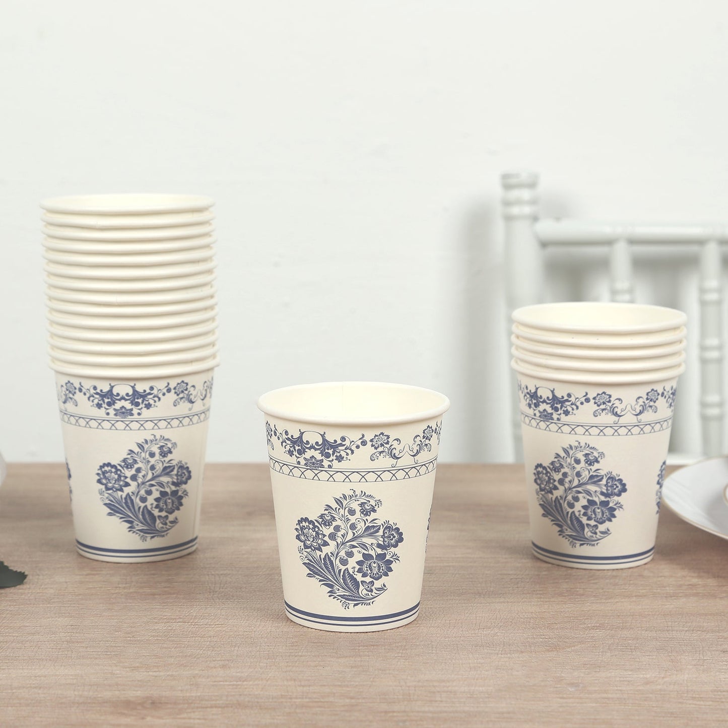 24 Pack Disposable Paper Cups in White Royal Blue Damask Floral Pattern, Elegant Party Cups - 9oz
