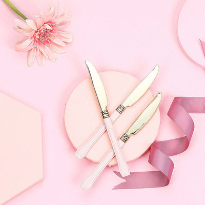 24 Pack Gold 7.5" Heavy Duty Plastic Knives with Blush Handle, Disposable Silverware - Linen Luxes