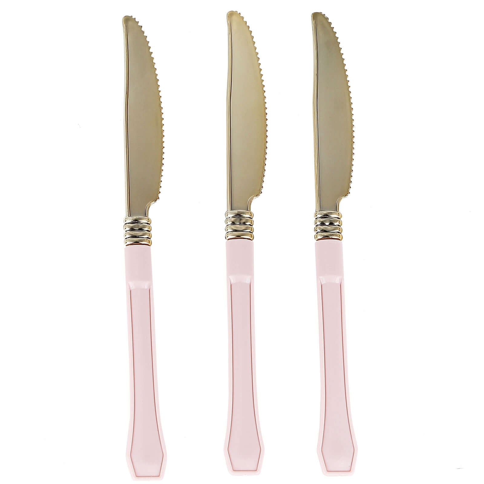 24 Pack Gold 7.5" Heavy Duty Plastic Knives with Blush Handle, Disposable Silverware - Linen Luxes