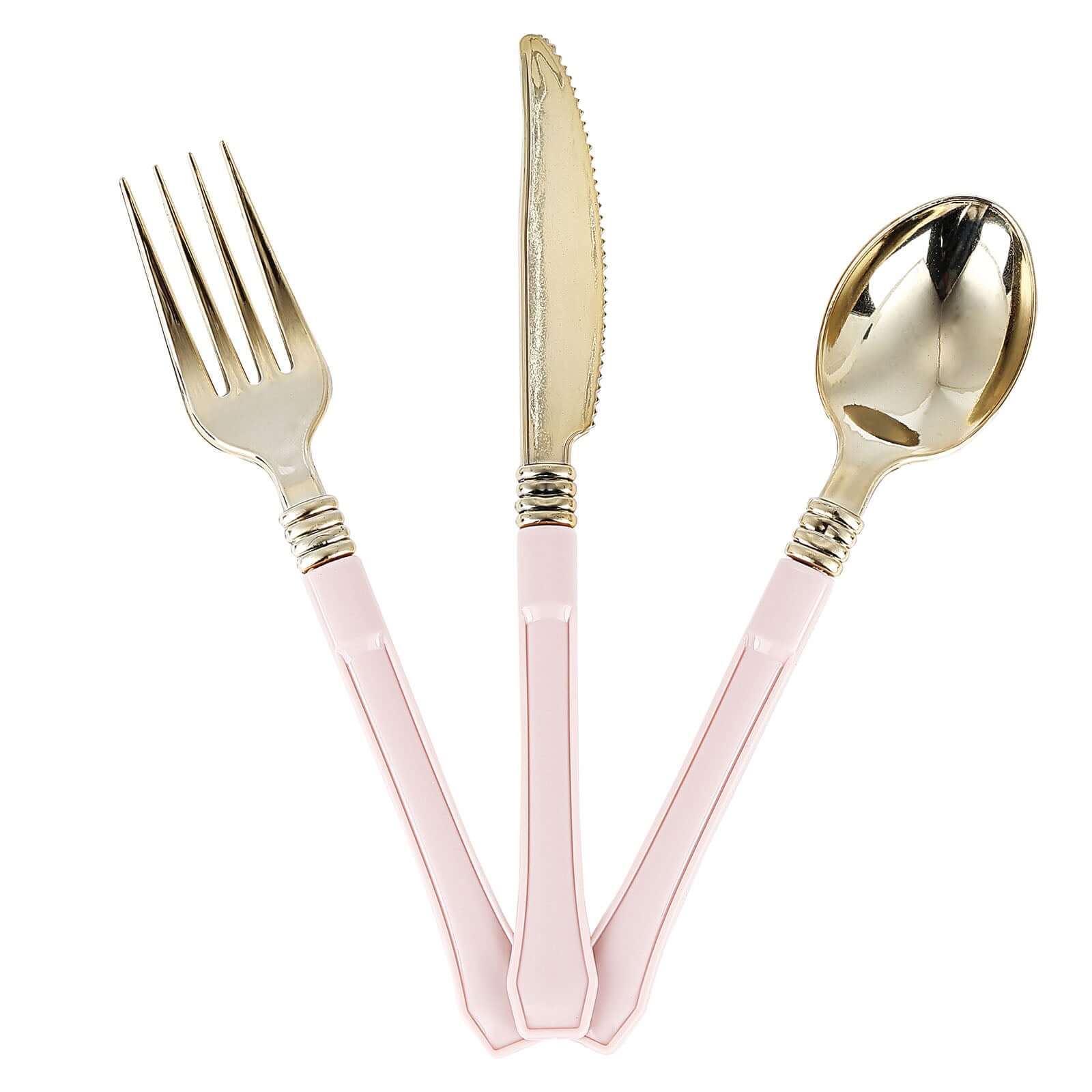 24 Pack Gold 7.5" Heavy Duty Plastic Knives with Blush Handle, Disposable Silverware - Linen Luxes