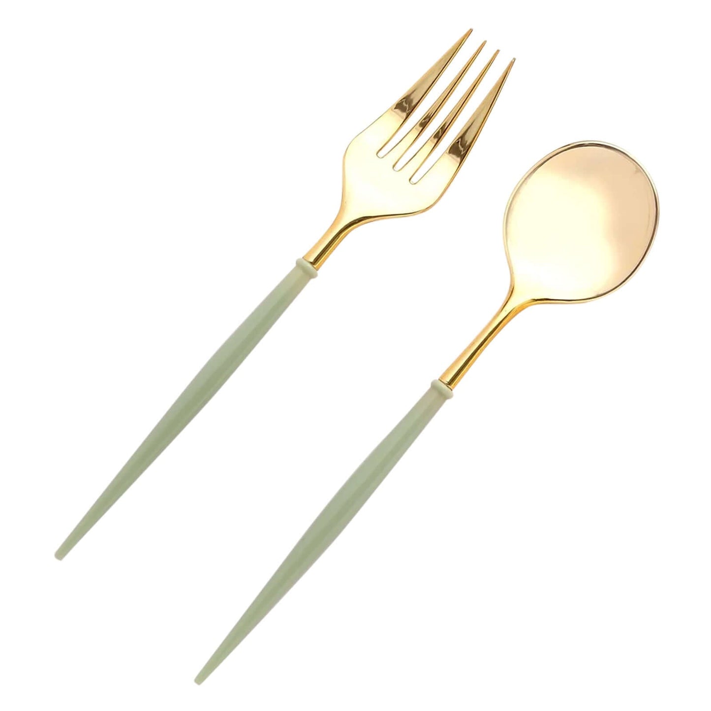 24-Pack Plastic Fork and Spoon Set Metallic Gold/Sage Green - Heavy Duty Disposable Modern Utensils 6"