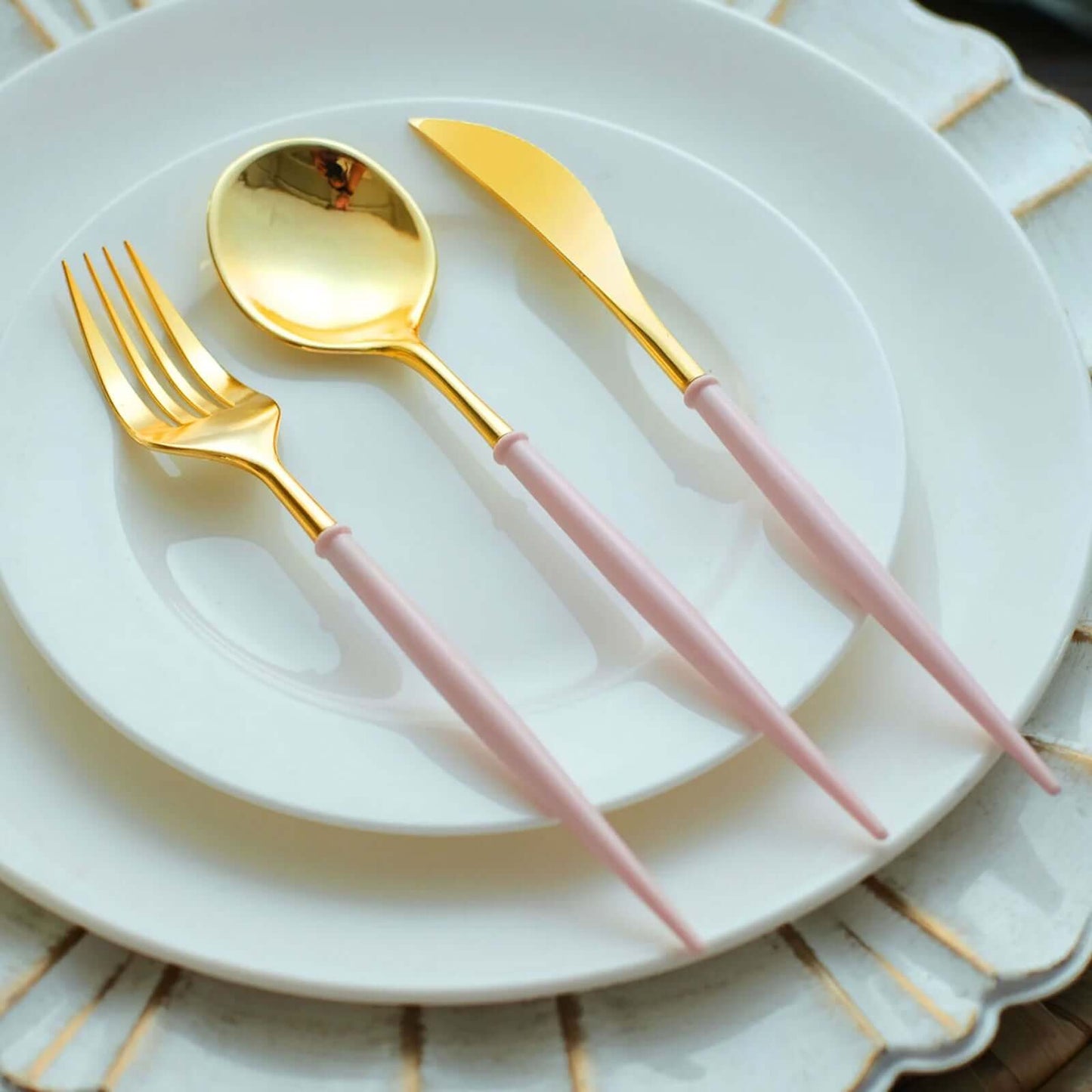 24-Pack Plastic Flatware Set in Metallic Gold with Blush Handle - Heavy Duty Disposable Modern Silverware 8"