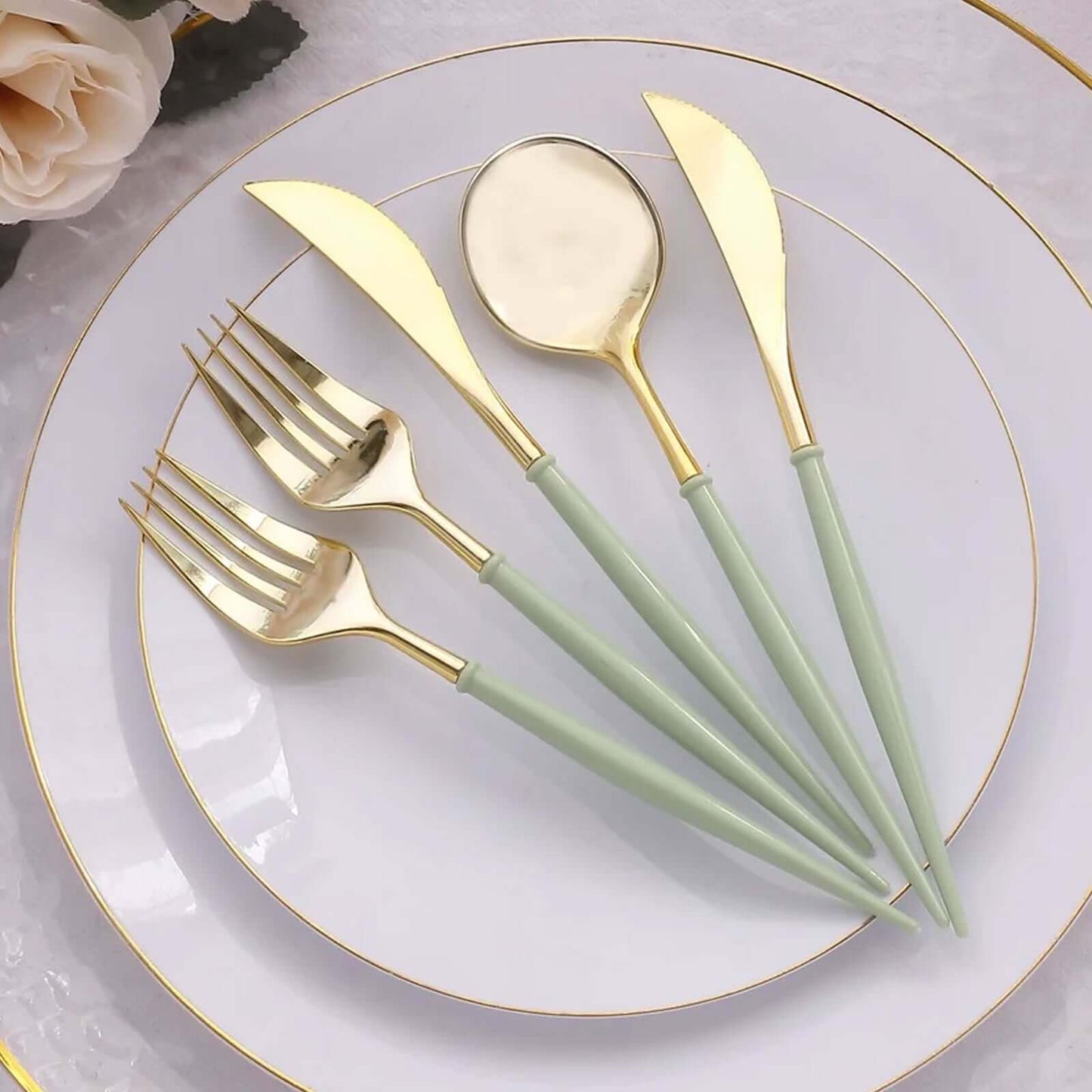24-Pack Plastic Flatware Set in Metallic Gold with Sage Green Handle - Heavy Duty Disposable Modern Silverware 8"