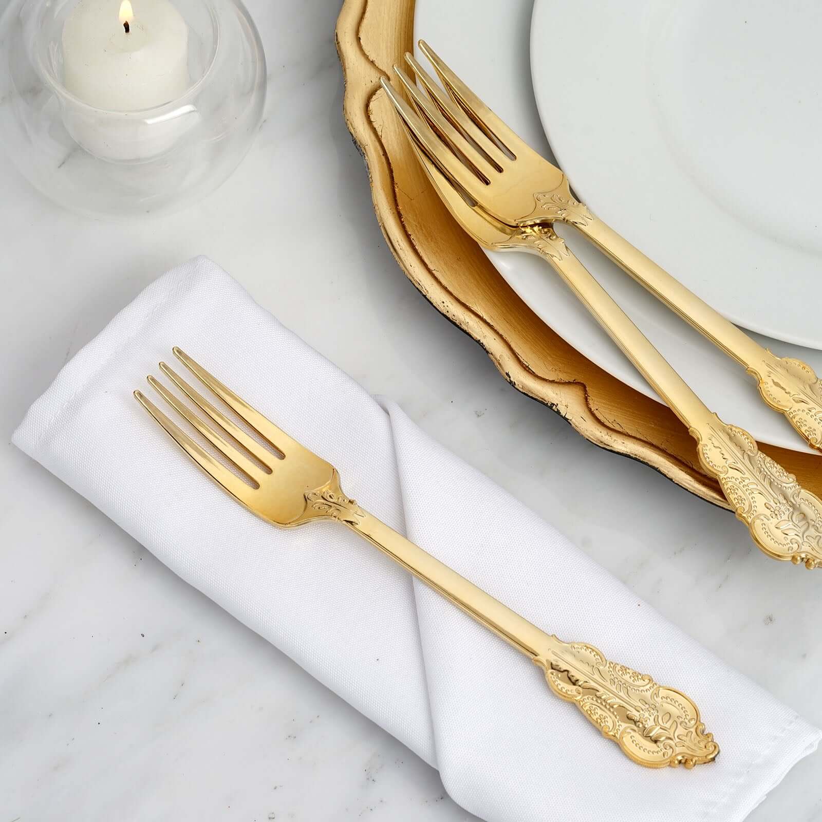 24 - Pack Plastic Forks Baroque Style Metallic Gold - Heavy Duty Disposable Silverware 8" - Linen Luxes