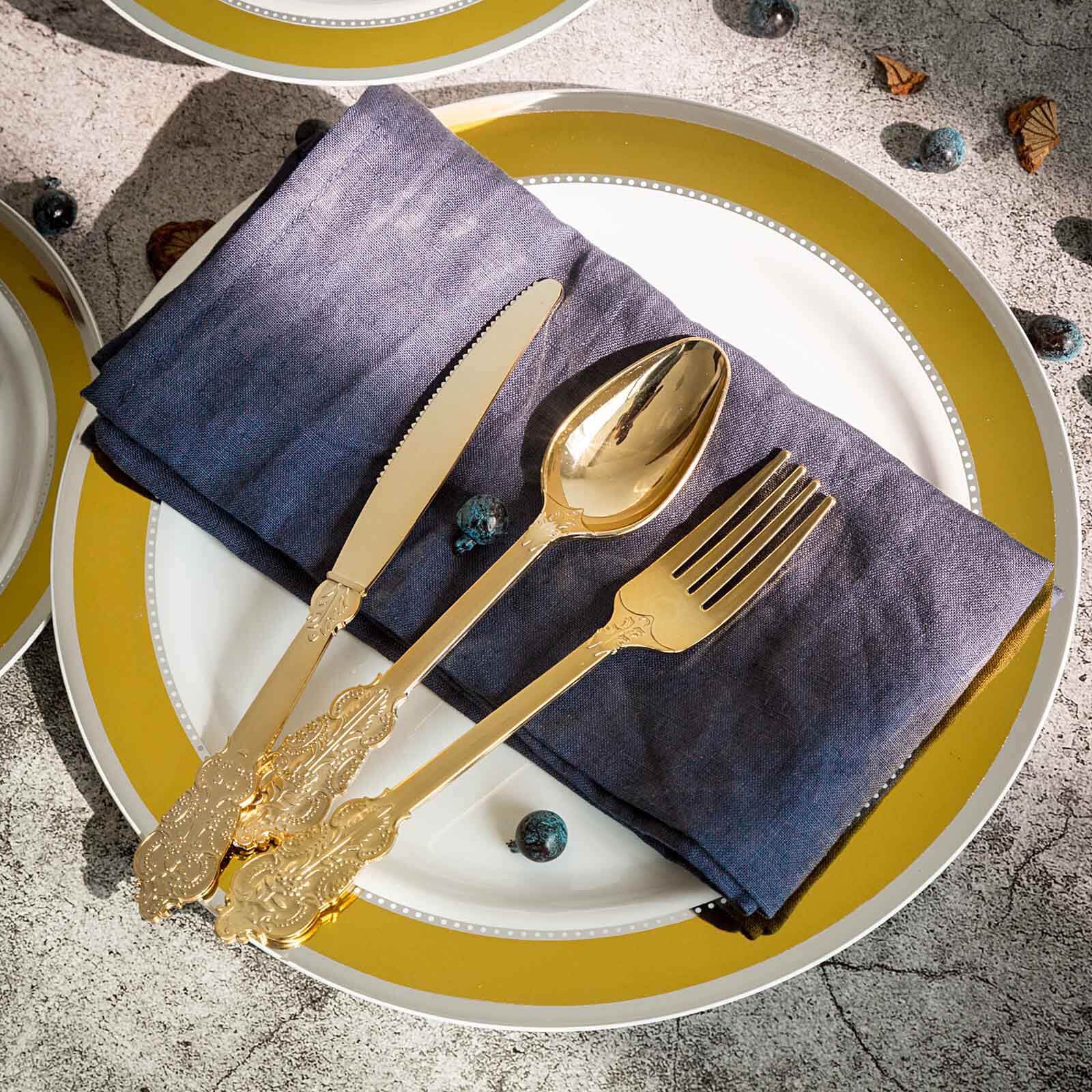 24 - Pack Plastic Forks Baroque Style Metallic Gold - Heavy Duty Disposable Silverware 8" - Linen Luxes