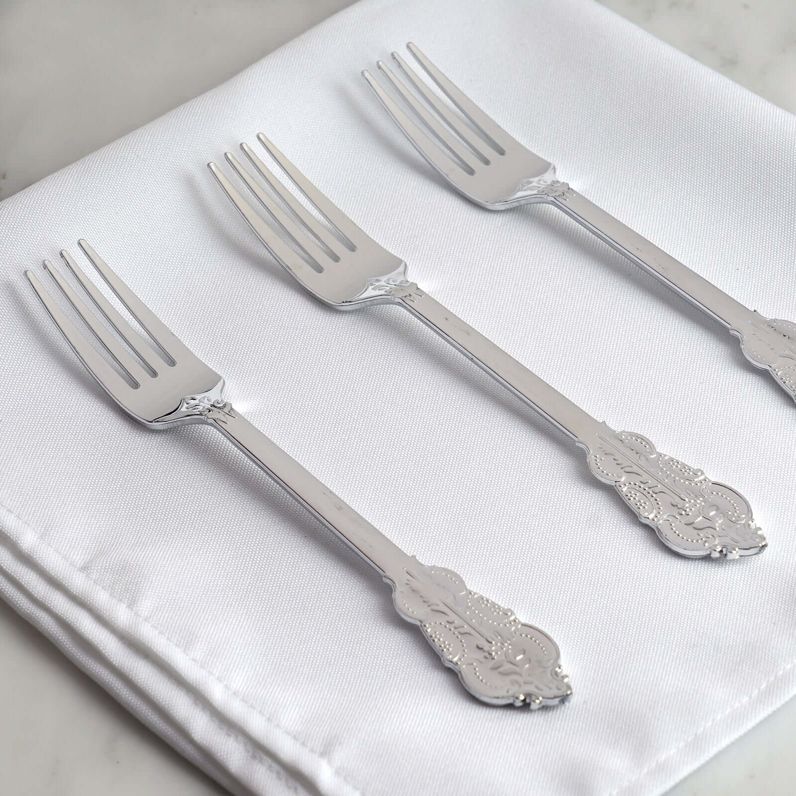 24 - Pack Plastic Forks Baroque Style Metallic Silver - Heavy Duty Disposable Silverware 8" - Linen Luxes