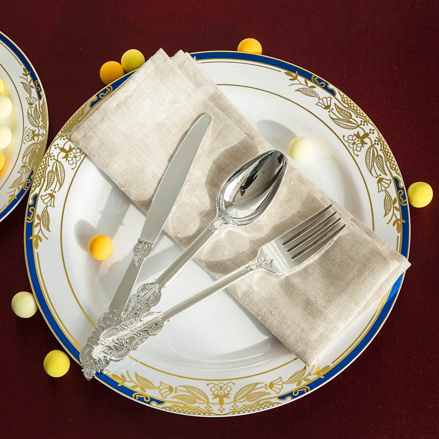 24 - Pack Plastic Forks Baroque Style Metallic Silver - Heavy Duty Disposable Silverware 8" - Linen Luxes