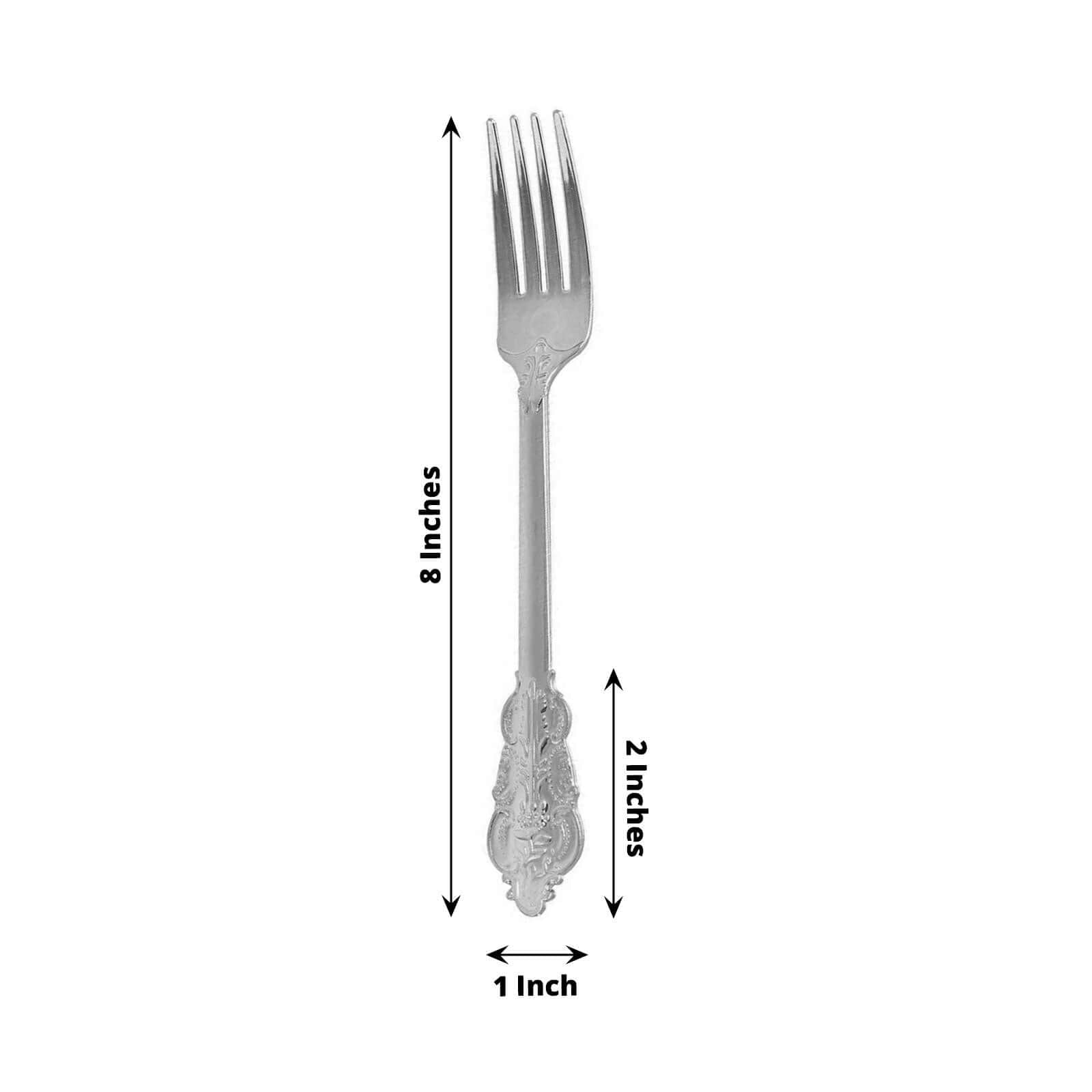 24 - Pack Plastic Forks Baroque Style Metallic Silver - Heavy Duty Disposable Silverware 8" - Linen Luxes