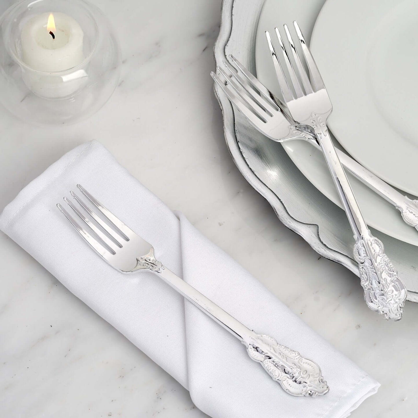 24 - Pack Plastic Forks Baroque Style Metallic Silver - Heavy Duty Disposable Silverware 8" - Linen Luxes