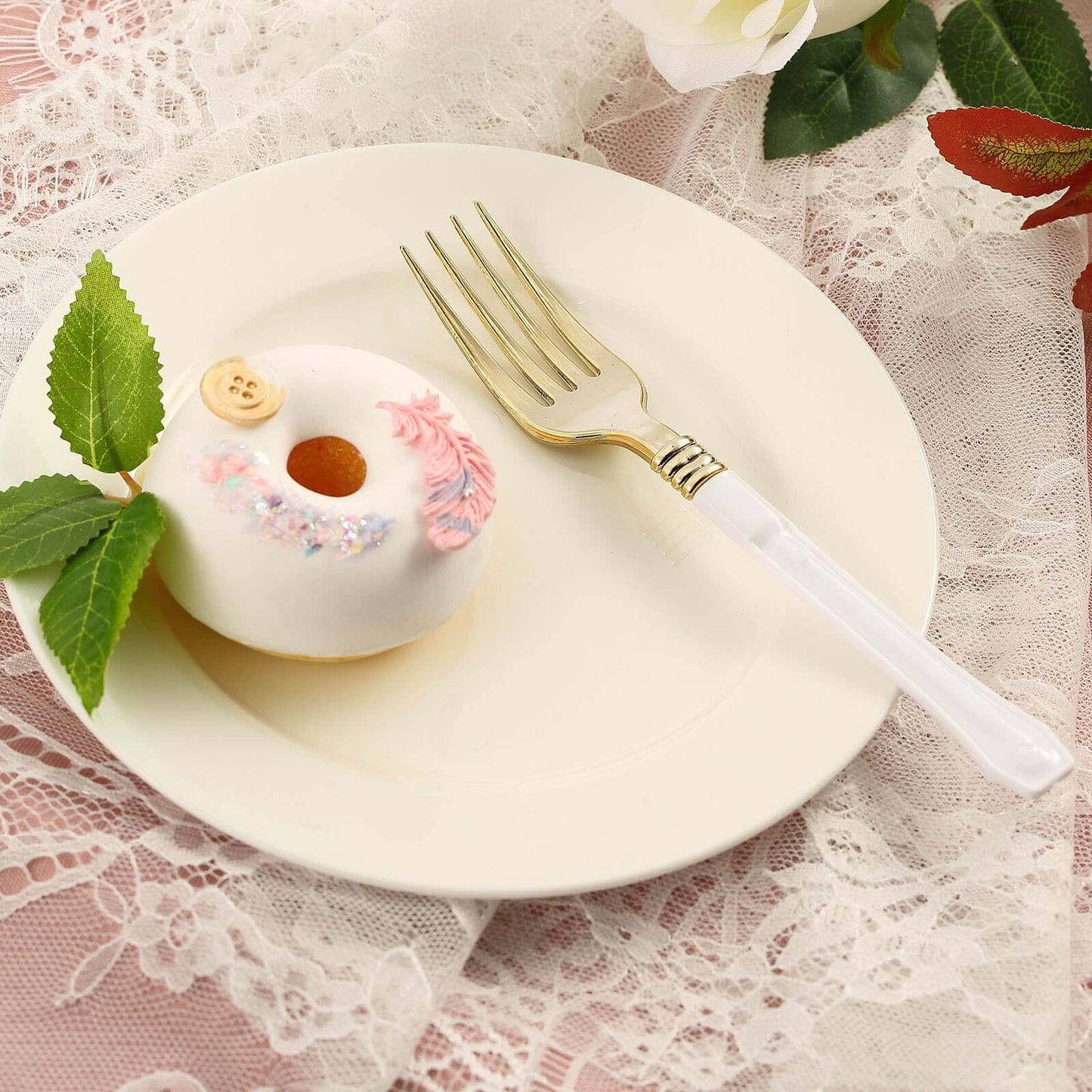 24 - Pack Plastic Forks Gold with White Handles - Durable Food Safe Disposable Silverware for Lunch Buffets & Catering Services 7" - Linen Luxes