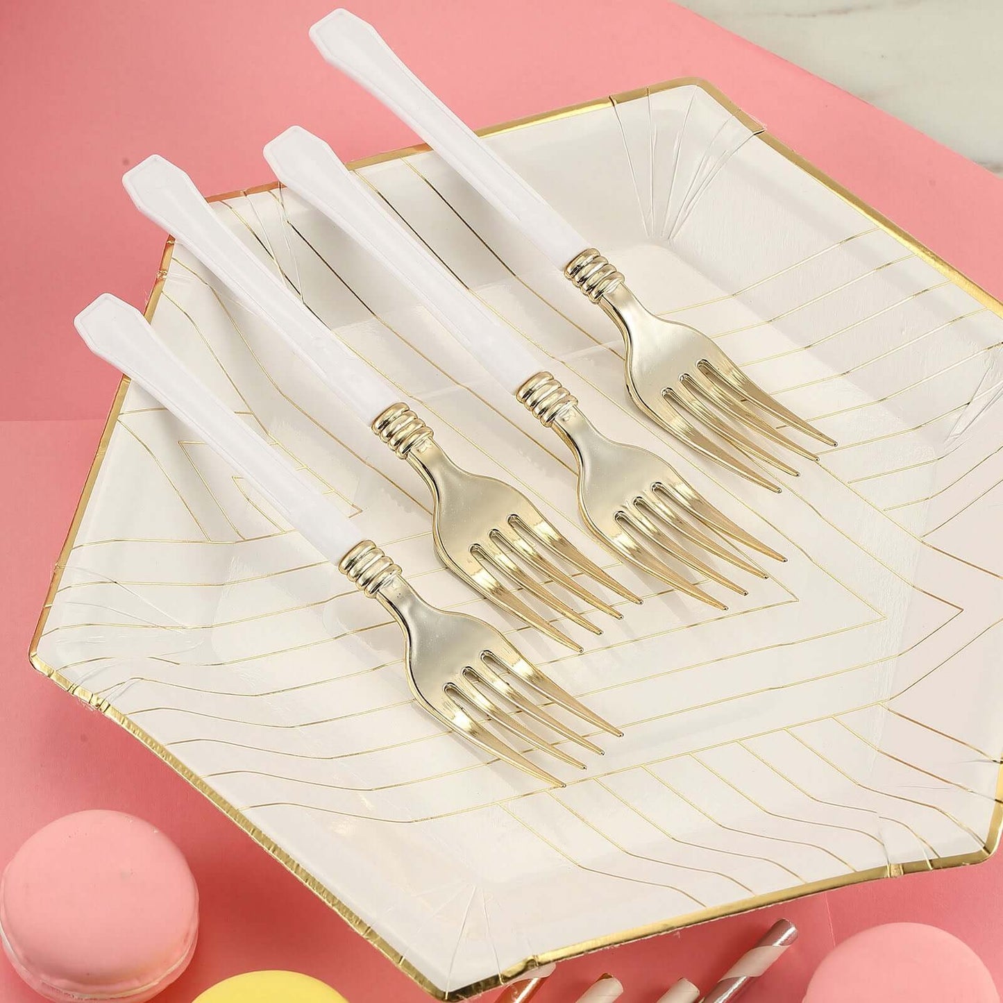 24 - Pack Plastic Forks Gold with White Handles - Durable Food Safe Disposable Silverware for Lunch Buffets & Catering Services 7" - Linen Luxes