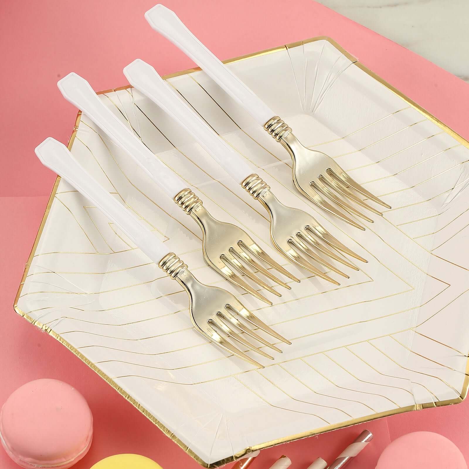 24 - Pack Plastic Forks Gold with White Handles - Durable Food Safe Disposable Silverware for Lunch Buffets & Catering Services 7" - Linen Luxes