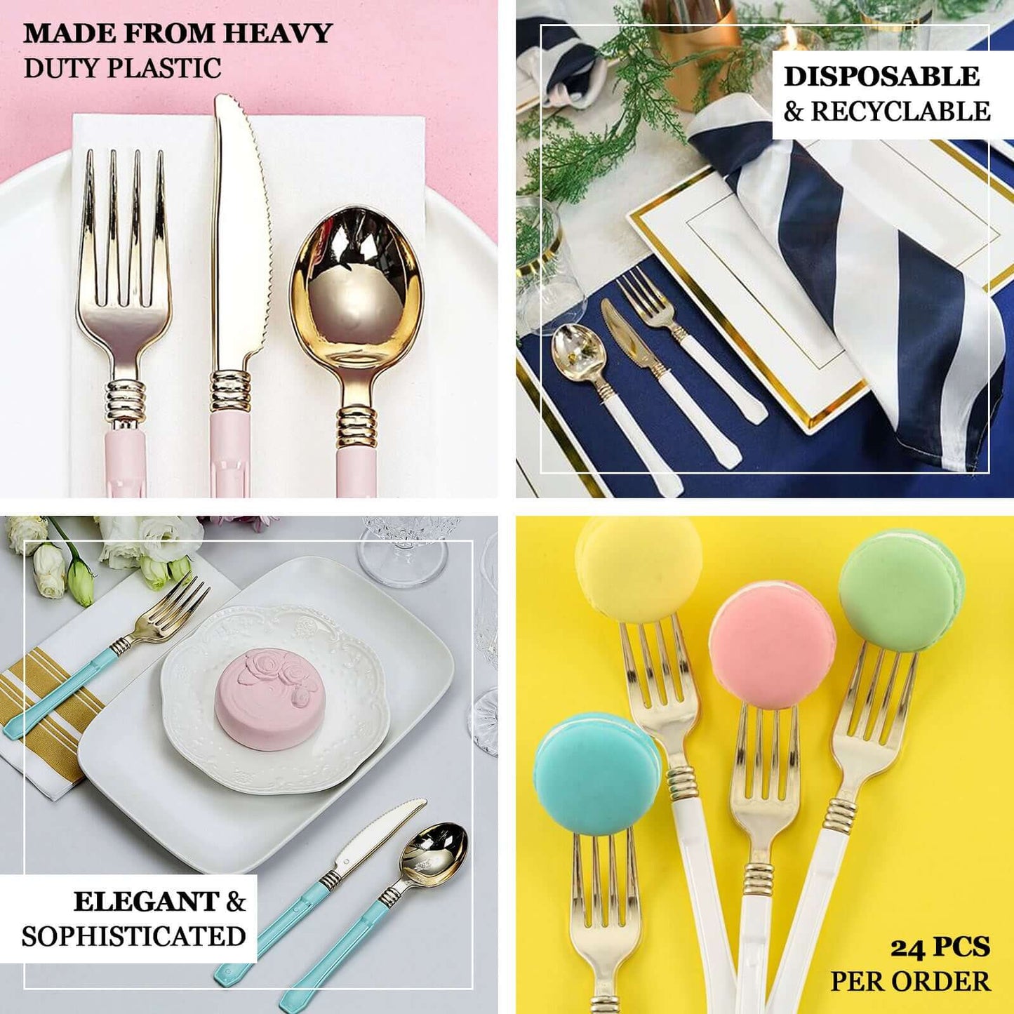 24 - Pack Plastic Forks Gold with White Handles - Durable Food Safe Disposable Silverware for Lunch Buffets & Catering Services 7" - Linen Luxes