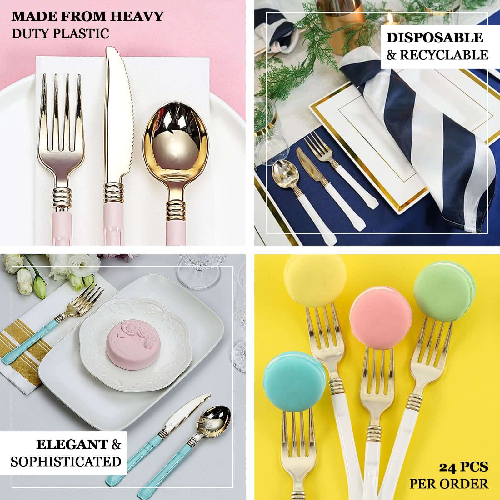24 - Pack Plastic Forks Gold with White Handles - Durable Food Safe Disposable Silverware for Lunch Buffets & Catering Services 7" - Linen Luxes