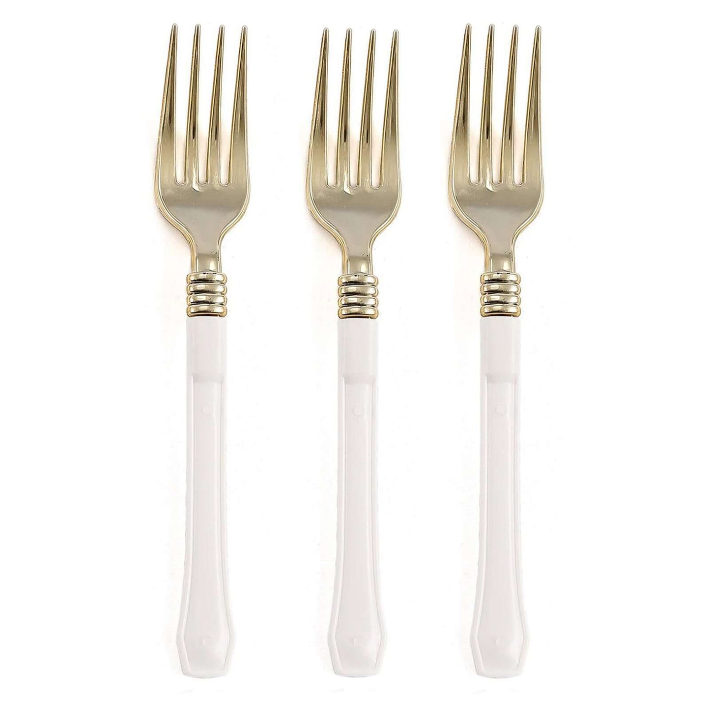 24 - Pack Plastic Forks Gold with White Handles - Durable Food Safe Disposable Silverware for Lunch Buffets & Catering Services 7" - Linen Luxes
