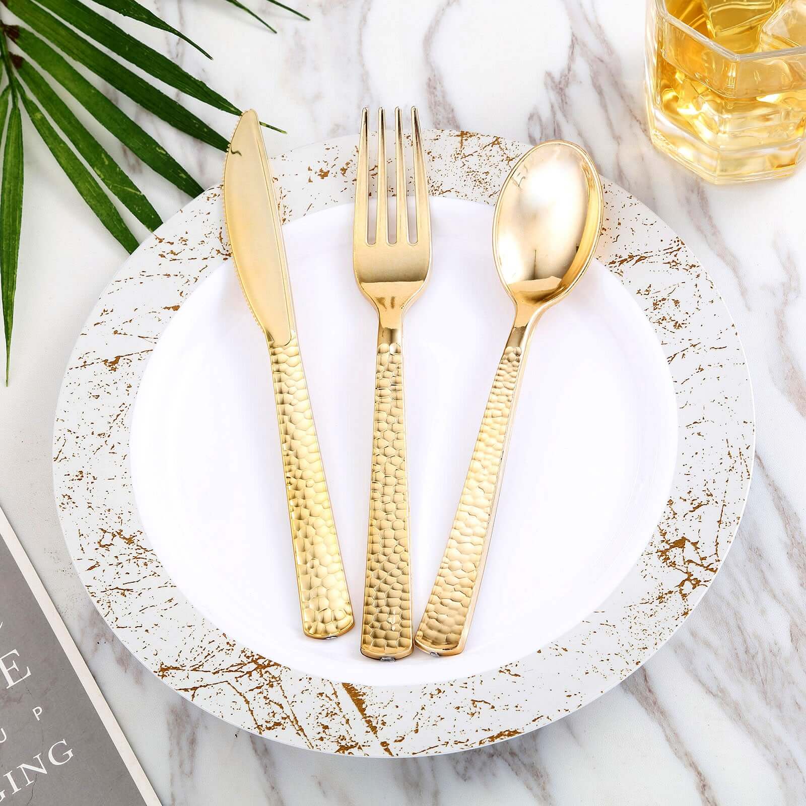 24 - Pack Plastic Forks with Hammered Style Gold - Heavy Duty Disposable Silverware 7" - Linen Luxes