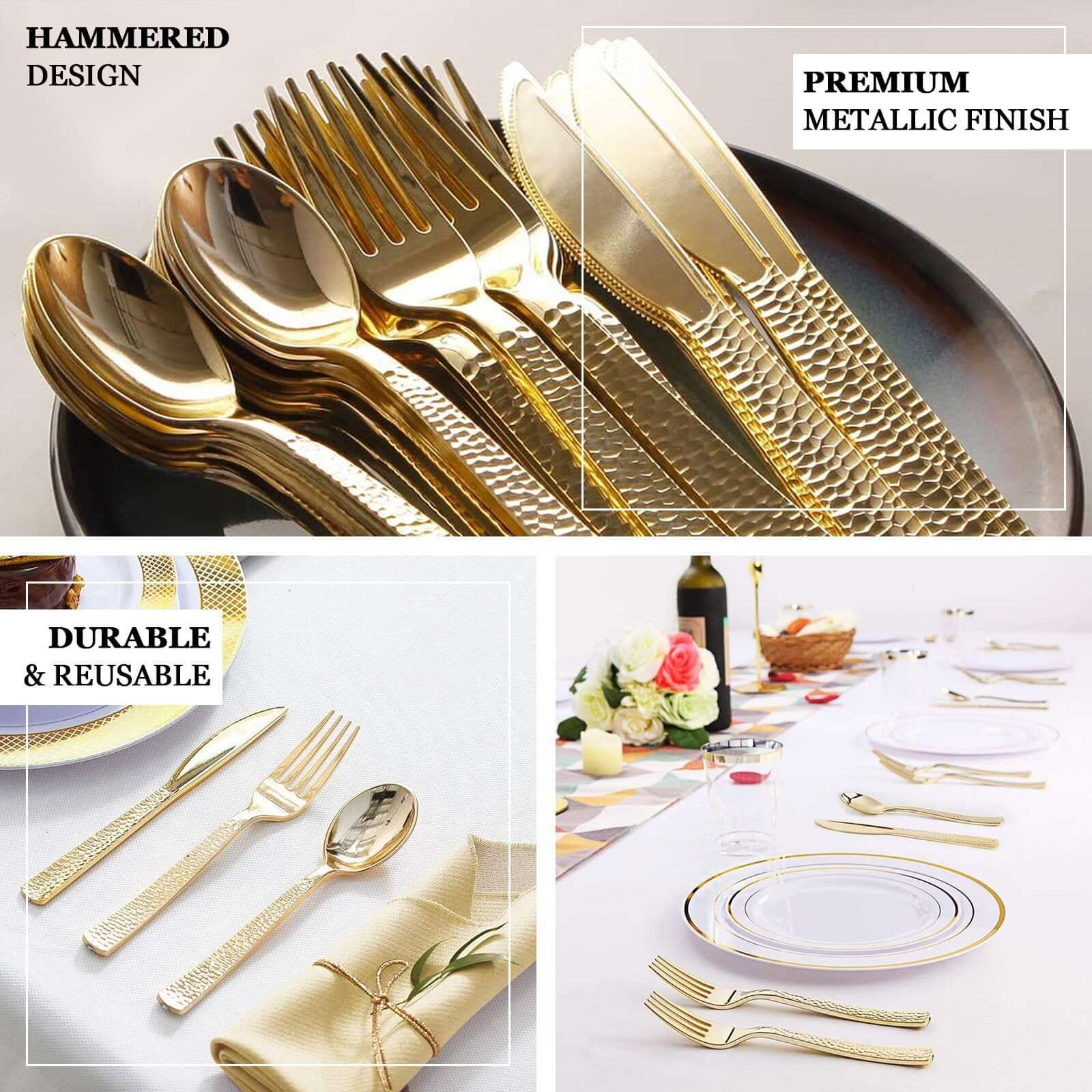 24 - Pack Plastic Forks with Hammered Style Gold - Heavy Duty Disposable Silverware 7" - Linen Luxes