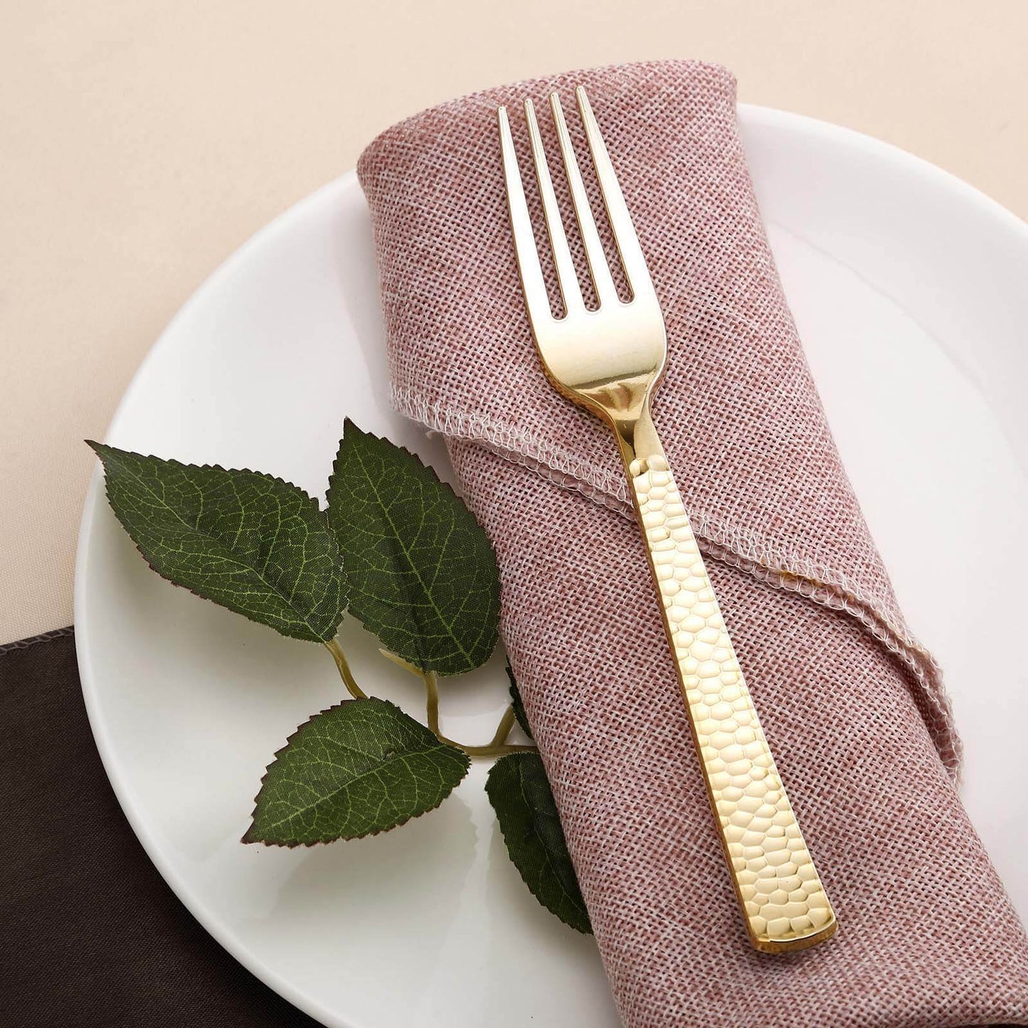 24 - Pack Plastic Forks with Hammered Style Gold - Heavy Duty Disposable Silverware 7" - Linen Luxes