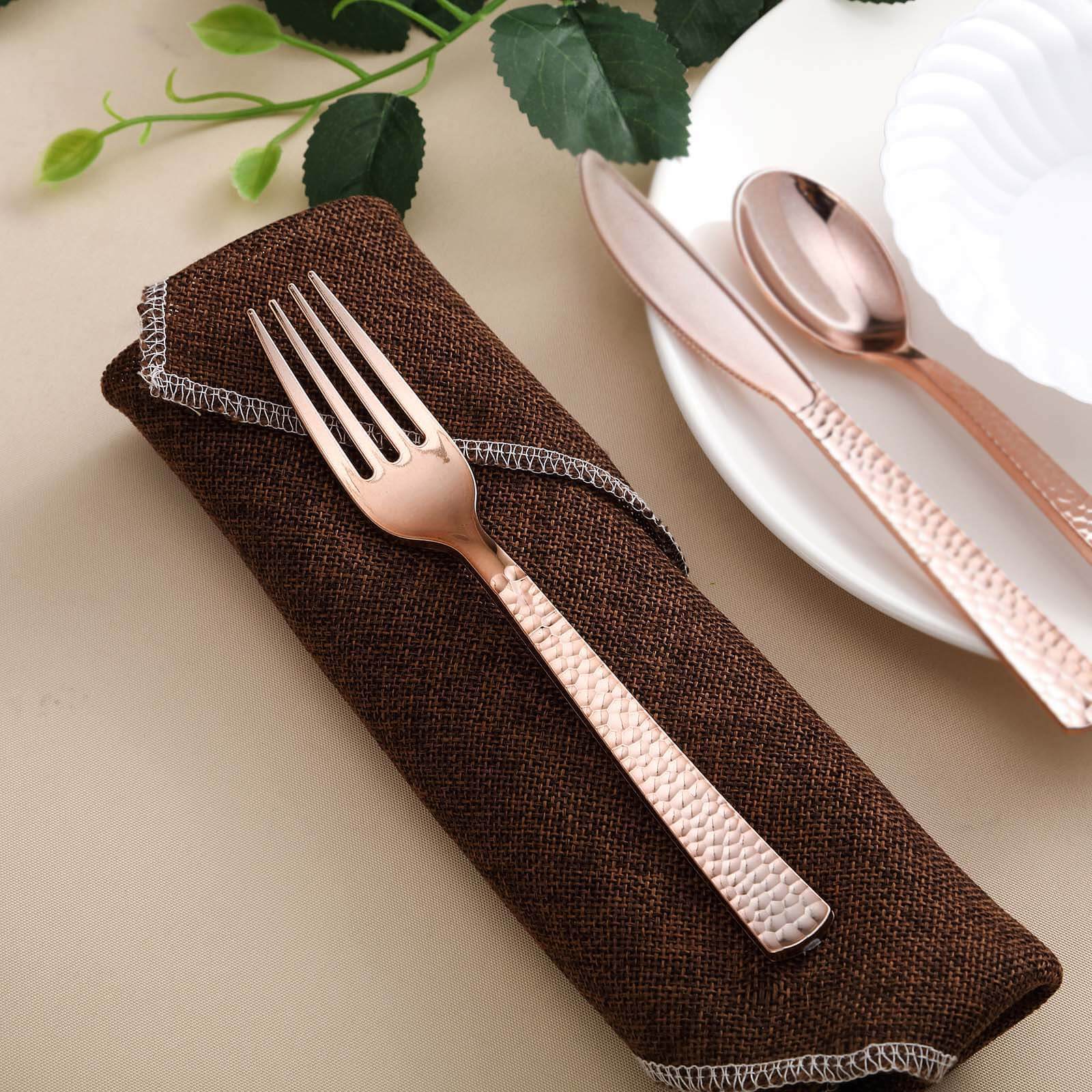 24 - Pack Plastic Forks with Hammered Style Rose Gold - Heavy Duty Disposable Silverware 7" - Linen Luxes