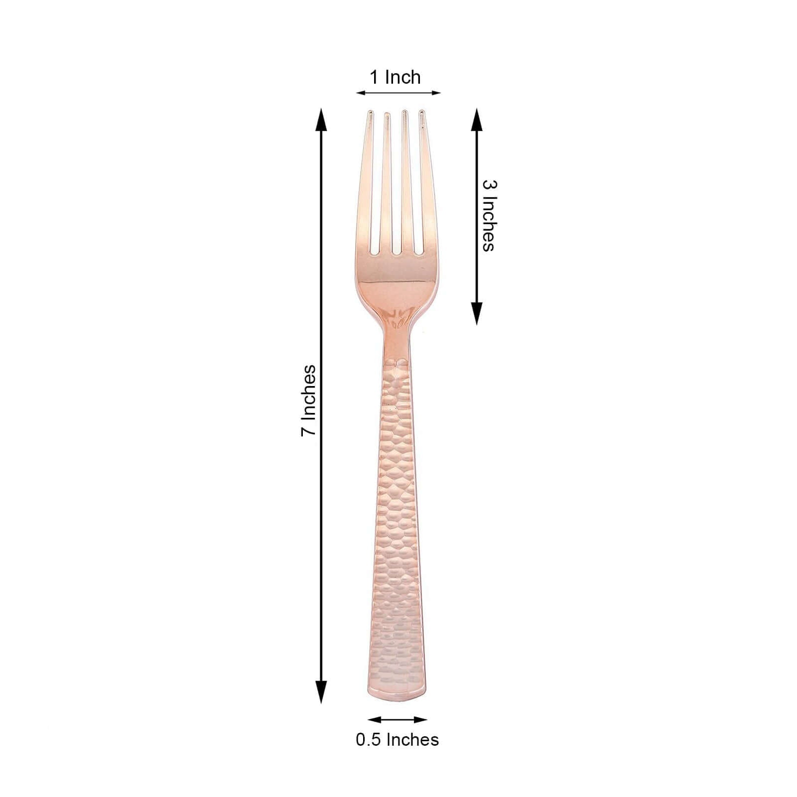 24 - Pack Plastic Forks with Hammered Style Rose Gold - Heavy Duty Disposable Silverware 7" - Linen Luxes