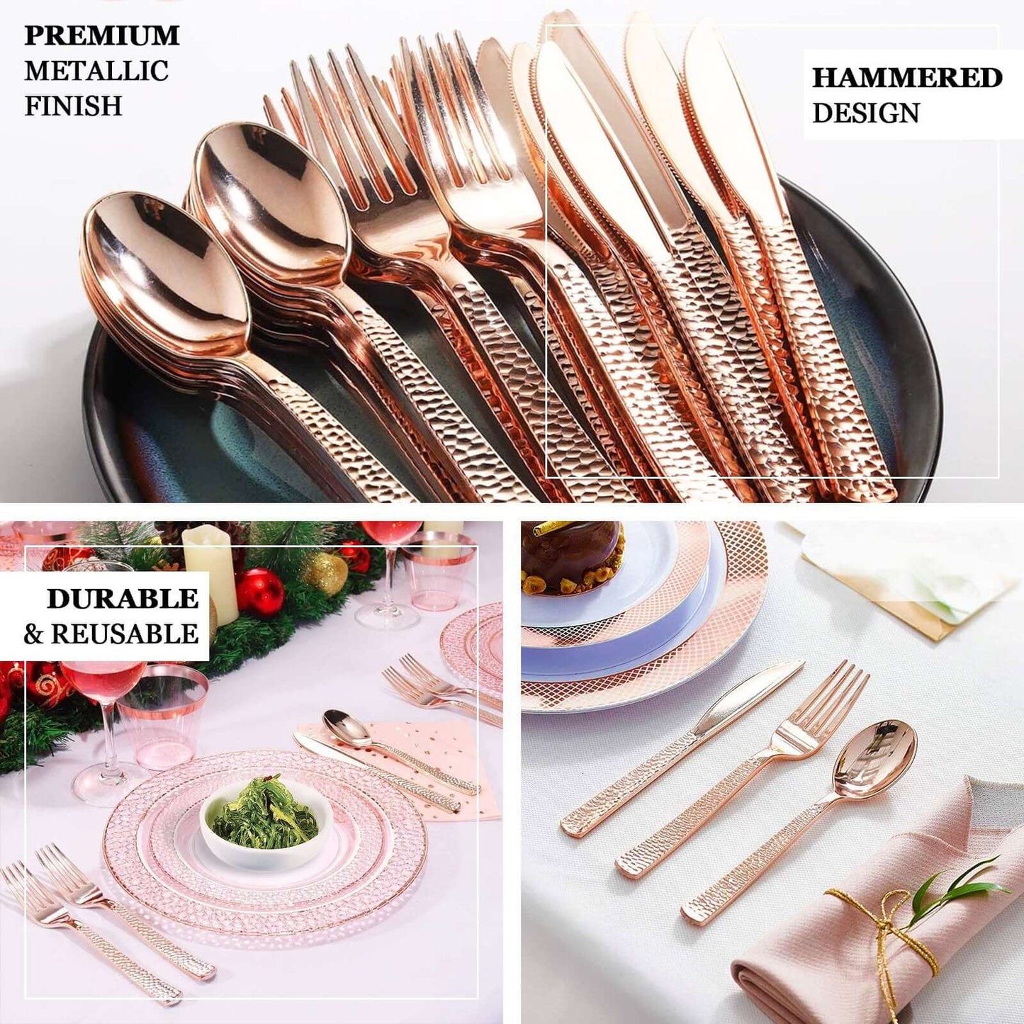 24 - Pack Plastic Forks with Hammered Style Rose Gold - Heavy Duty Disposable Silverware 7" - Linen Luxes