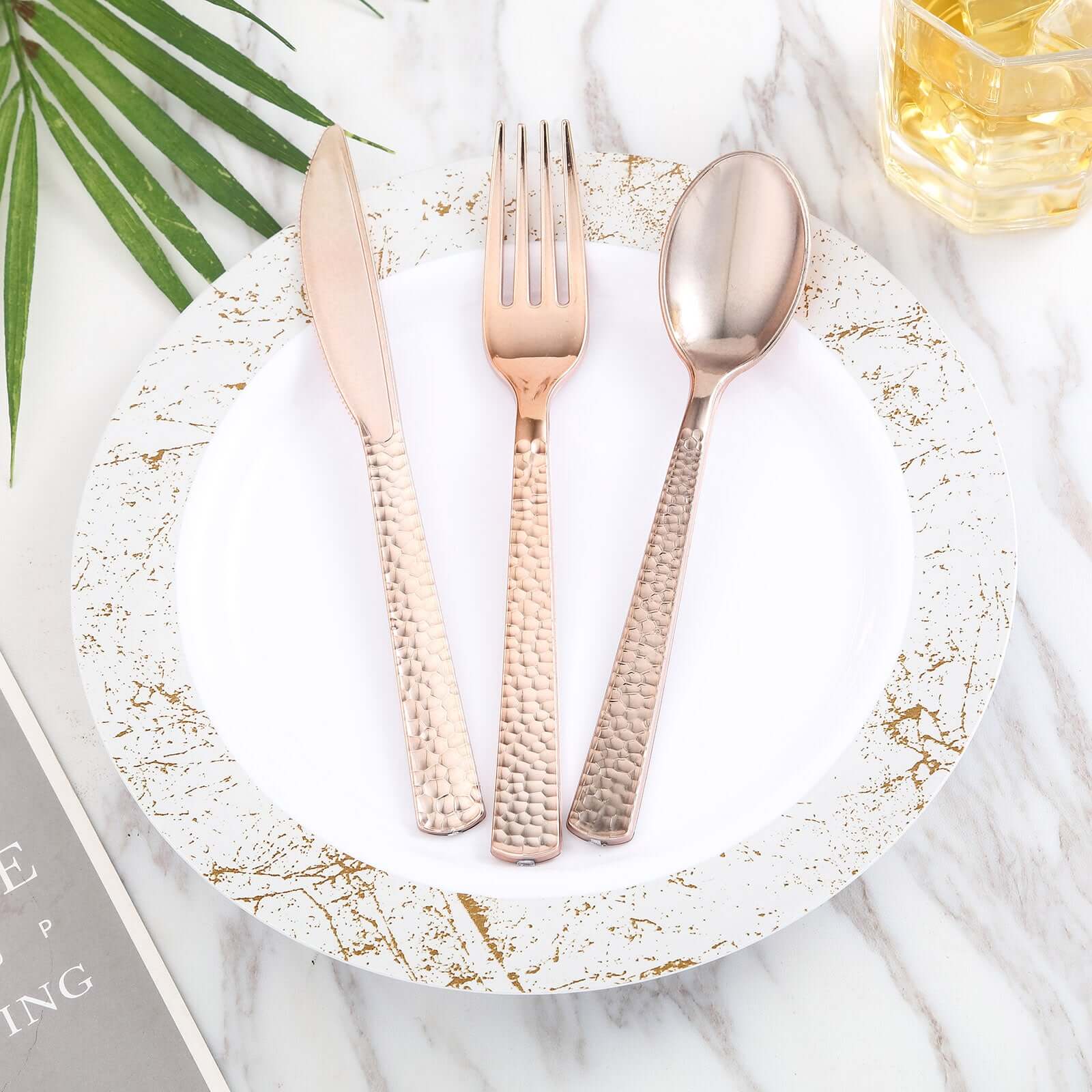 24 - Pack Plastic Forks with Hammered Style Rose Gold - Heavy Duty Disposable Silverware 7" - Linen Luxes