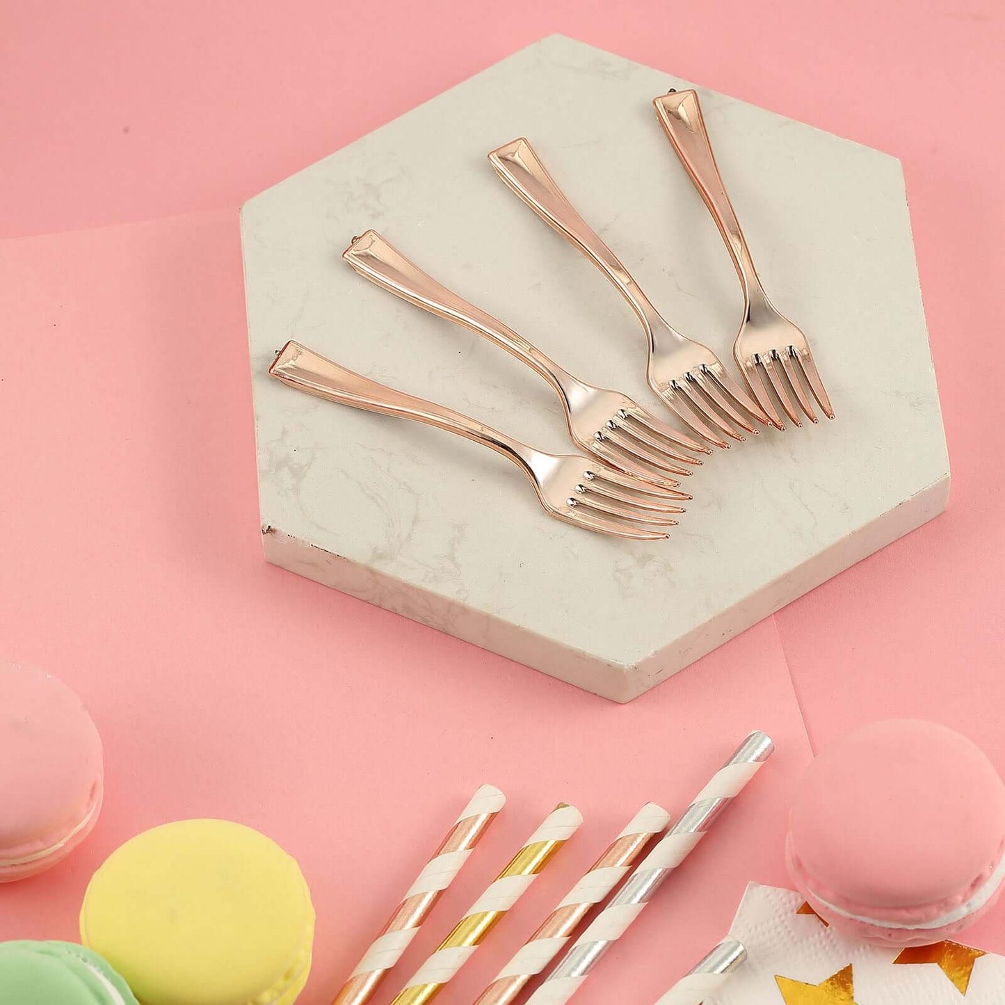 24 - Pack Plastic Mini Dessert Forks Rose Gold 4" - Linen Luxes