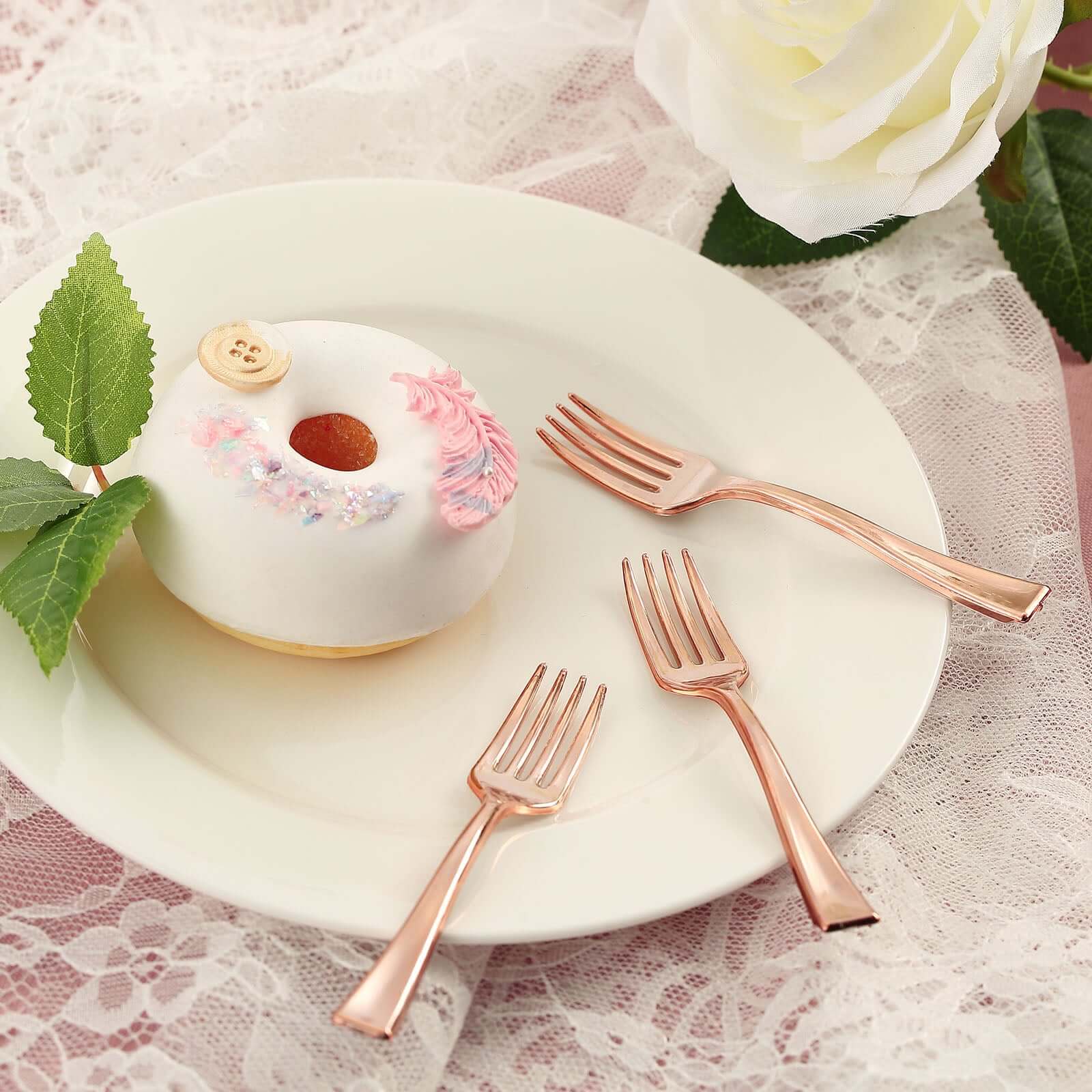 24 - Pack Plastic Mini Dessert Forks Rose Gold 4" - Linen Luxes
