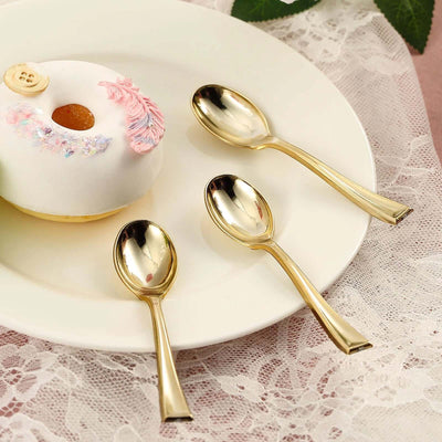 24 - Pack Plastic Mini Dessert Spoons Gold - Heavy Duty Disposable Silverware 4" - Linen Luxes
