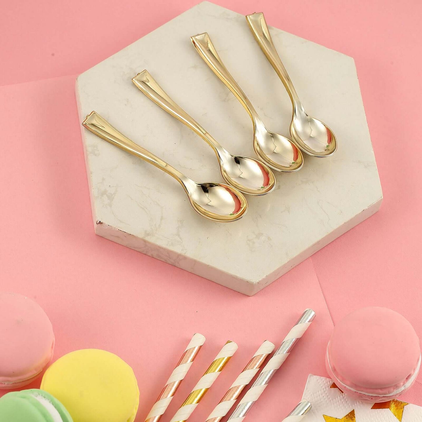 24 - Pack Plastic Mini Dessert Spoons Gold - Heavy Duty Disposable Silverware 4" - Linen Luxes