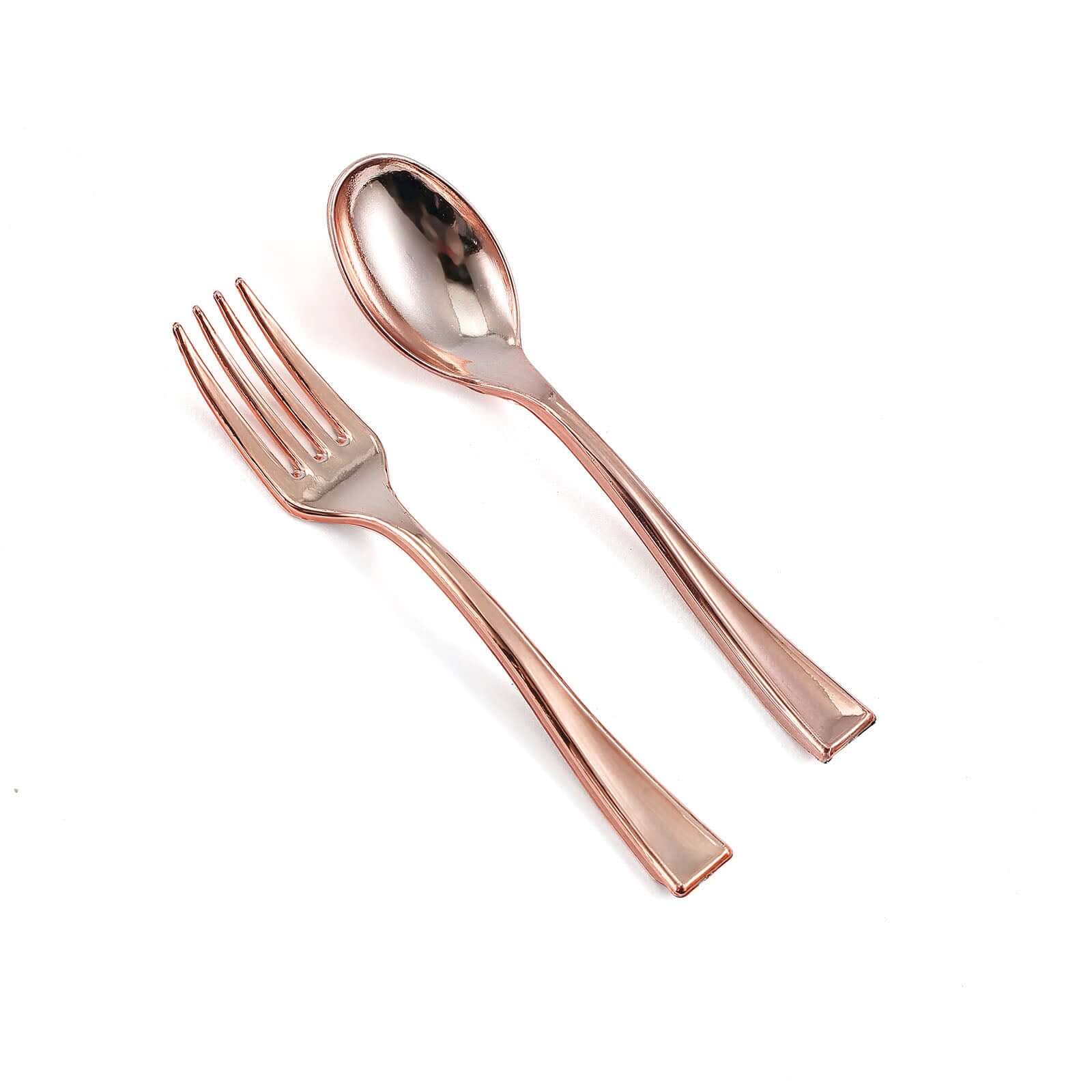 24 - Pack Plastic Mini Dessert Spoons Rose Gold - Heavy Duty Disposable Silverware 4" - Linen Luxes