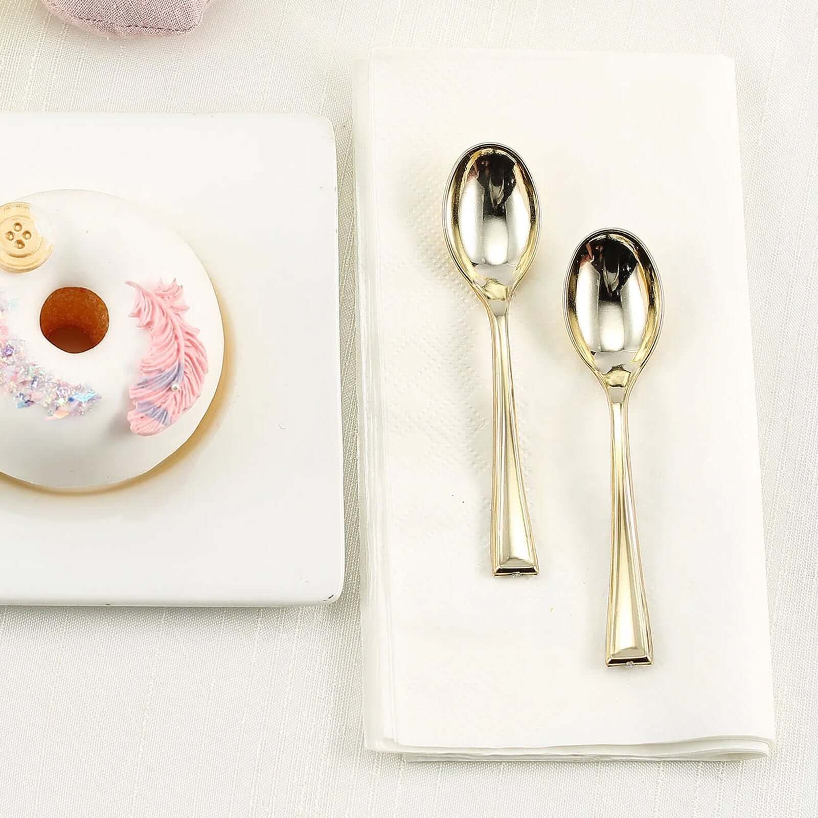 24 - Pack Plastic Mini Dessert Spoons Rose Gold - Heavy Duty Disposable Silverware 4" - Linen Luxes