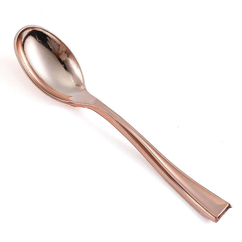 24 - Pack Plastic Mini Dessert Spoons Rose Gold - Heavy Duty Disposable Silverware 4" - Linen Luxes