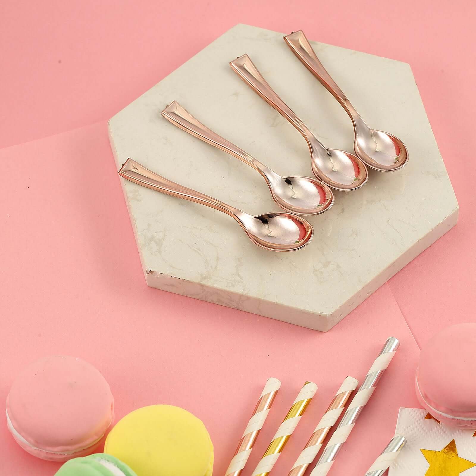 24 - Pack Plastic Mini Dessert Spoons Rose Gold - Heavy Duty Disposable Silverware 4" - Linen Luxes