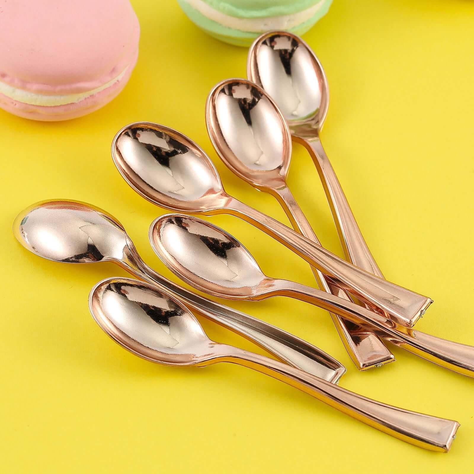 24 - Pack Plastic Mini Dessert Spoons Rose Gold - Heavy Duty Disposable Silverware 4" - Linen Luxes