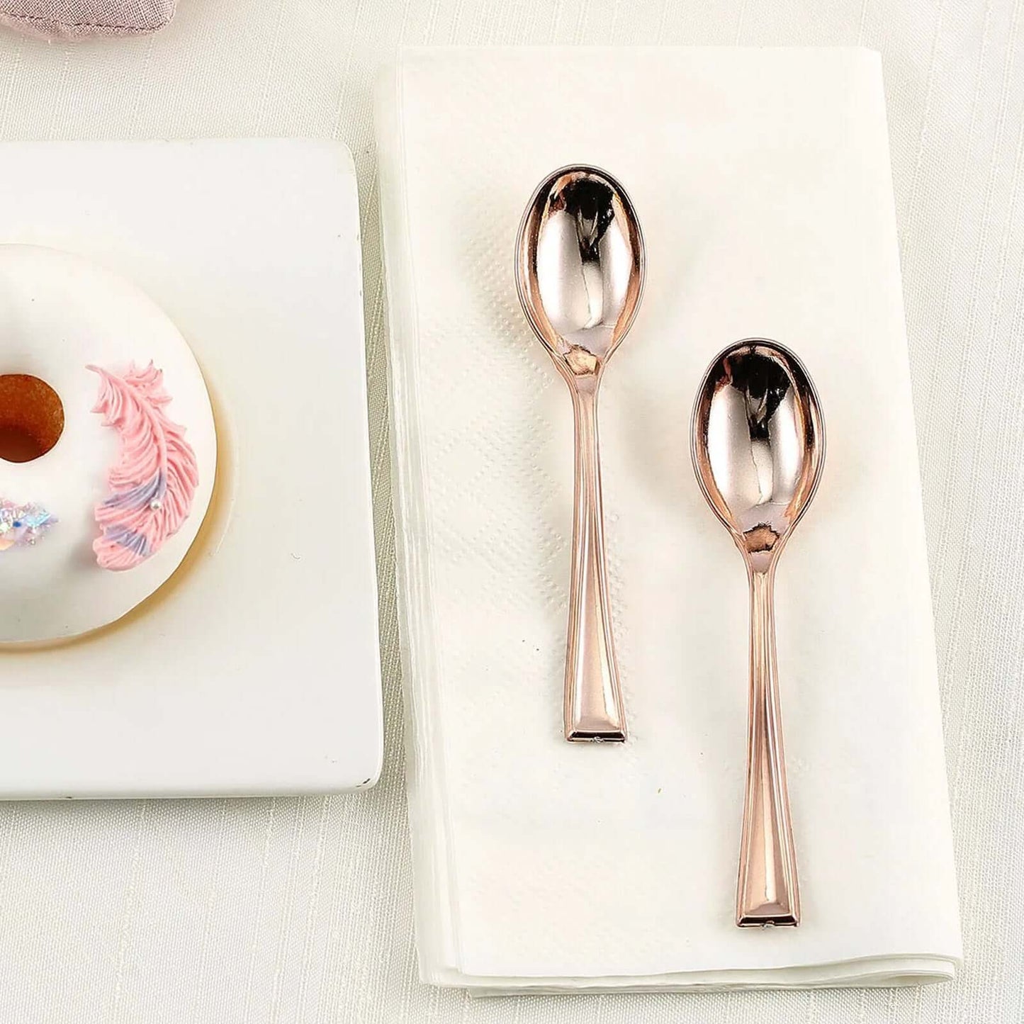 24 - Pack Plastic Mini Dessert Spoons Rose Gold - Heavy Duty Disposable Silverware 4" - Linen Luxes