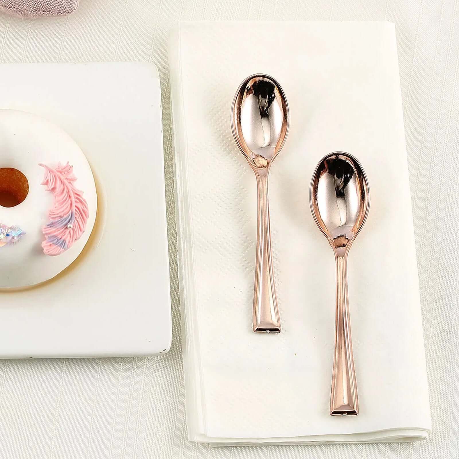 24 - Pack Plastic Mini Dessert Spoons Rose Gold - Heavy Duty Disposable Silverware 4" - Linen Luxes
