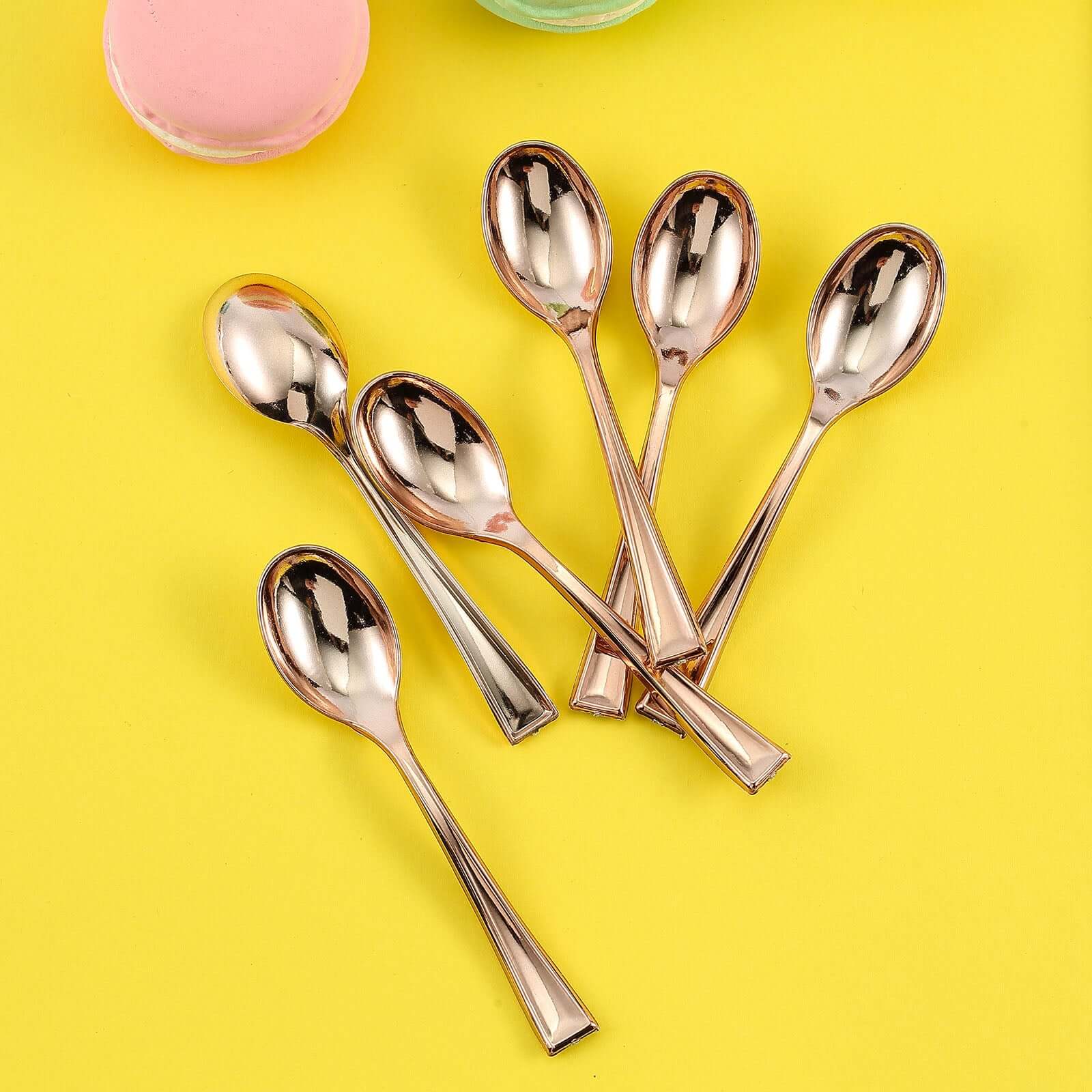 24 - Pack Plastic Mini Dessert Spoons Rose Gold - Heavy Duty Disposable Silverware 4" - Linen Luxes