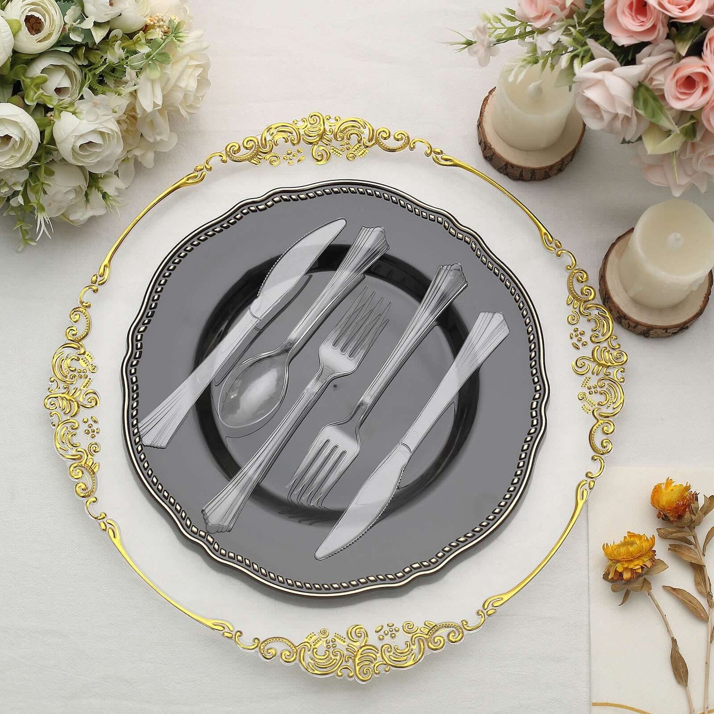 24 - Pack Plastic Silverware Set with Fan Flared Tip Handle Clear - Heavy Duty Disposable Utensils 7" - Linen Luxes