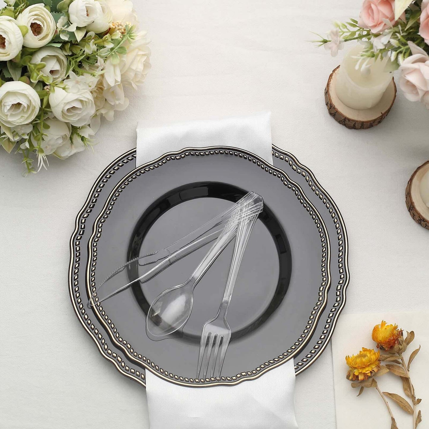 24 - Pack Plastic Silverware Set with Fan Flared Tip Handle Clear - Heavy Duty Disposable Utensils 7" - Linen Luxes